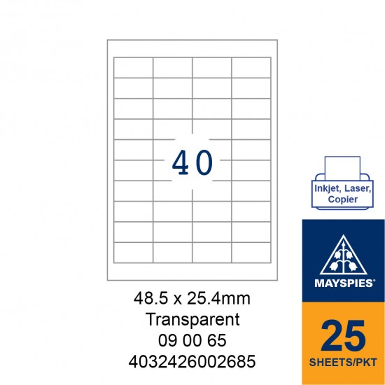 MAYSPIES 09 00 65 TRANSPARENT LABEL FOR INKJET / LASER / COPIER 25 SHEETS/PKT 48.5 X 25.4MM